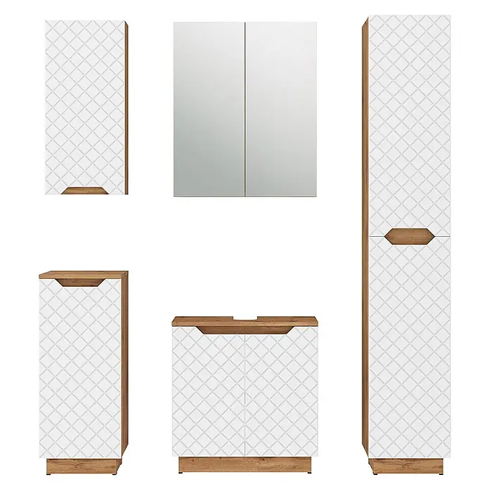 Vicco Badmöbel-Set Lotta Weiß 5 Teile - Weiß, Matt - Weißes Badmöbel-Set mit geometrischem Muster und Holz-Akzenten, inklusive Spiegelschrank, Hänge- und Unterschrank.
