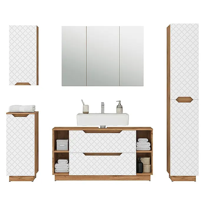 Vicco Badmöbel-Set Lotta Weiß 5 Teile - Weiß, Matt - Modernes Badmöbel-Set: Holzoptikschränke mit weißen, rautenförmigen Fronten und einem Spiegelschrank.