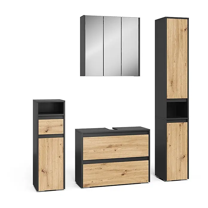 Vicco Badmöbel-Set Majest Artisan 4 Teile - Artisan-Eiche, Matt - Badezimmermöbel-Set in Dunkelgrau und heller Holzoptik: Spiegelschrank, Waschtischunterschrank und zwei Hochschränke.