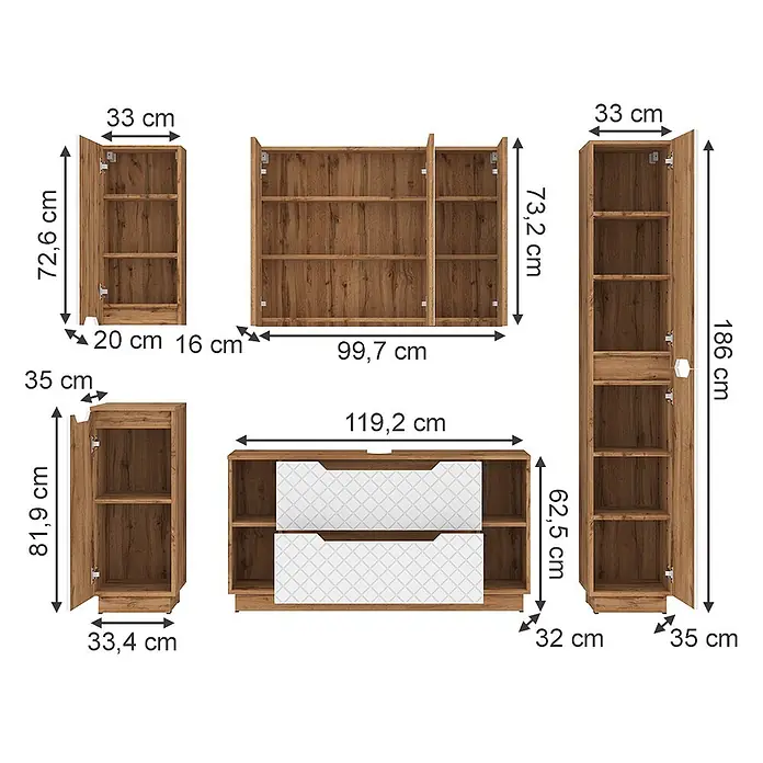 Vicco Badmöbel-Set Lotta Weiß 5 Teile - Weiß, Matt - Mehrere Holzmöbelstücke mit Maßen, darunter Regale, Schränke und ein Lowboard mit weißen Schubladen.