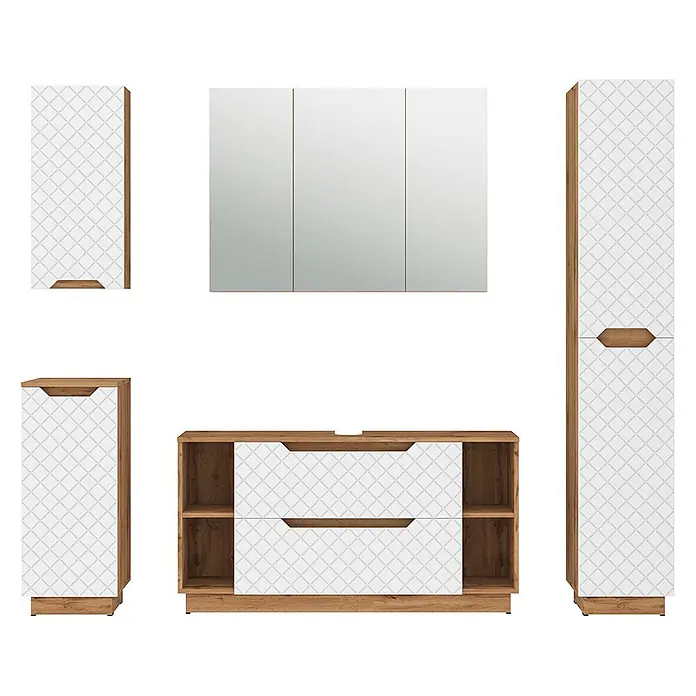 Vicco Badmöbel-Set Lotta Weiß 5 Teile - Weiß, Matt - Badezimmermöbel-Set: weiße Fronten mit geometrischem Muster, hellbraune Holz-Akzente; Spiegelschrank, Waschtisch, Stauraum-Einheiten.