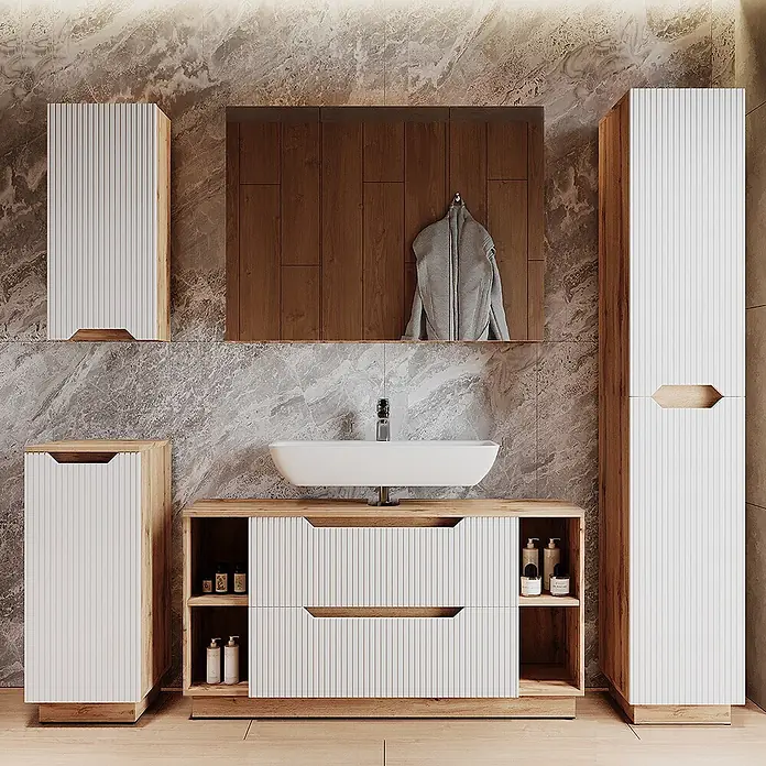 Vicco Badmöbel-Set Lotta Weiß 3 Teile - Weiß, Matt - Modernes Badmöbel-Set aus hellem Holz und weißen Lamellen, bestehend aus Waschtisch mit Waschbecken, Hochschrank und Hängeschrank.