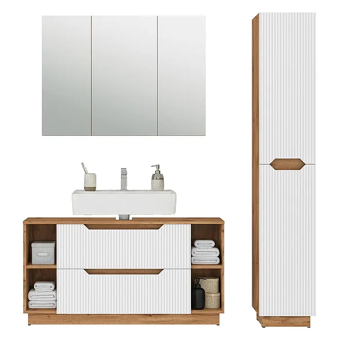 Vicco Badmöbel-Set Lotta Weiß 3 Teile - Weiß, Matt - Komplettes Badmöbel-Set mit Holzoptik und weißer Lamellen-Front, Waschbecken und Spiegelschrank.