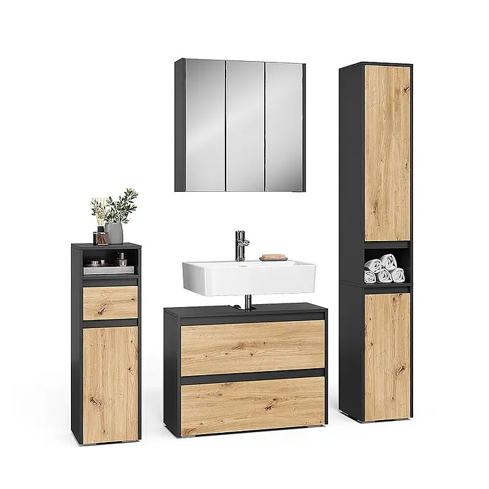 Vicco Badmöbel-Set Majest Artisan 4 Teile - Artisan-Eiche, Matt - Modernes Badmöbelset in Dunkelgrau und hellem Holz mit Waschtisch, Waschbecken, Spiegelschrank und zwei Hochschränken.