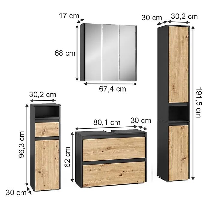 Vicco Badmöbel-Set Majest Artisan 4 Teile - Artisan-Eiche, Matt - Vierteiliges Badmöbelset in Dunkelgrau und heller Holzoptik, bestehend aus Spiegelschrank, Waschtischunterschrank und zwei Hochschränken.