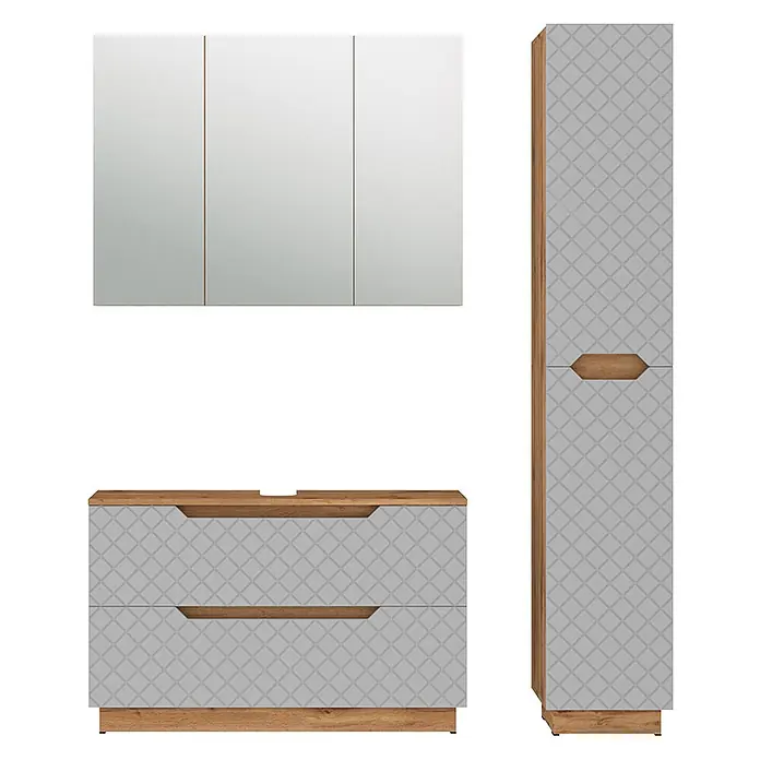 Vicco Badmöbel-Set Lotta Grau 3 Teile - Grau, Matt - Badezimmermöbel-Set: Waschtisch, Hochschrank & dreitüriger Spiegelschrank in Hellgrau gemustert mit Holzakzenten.