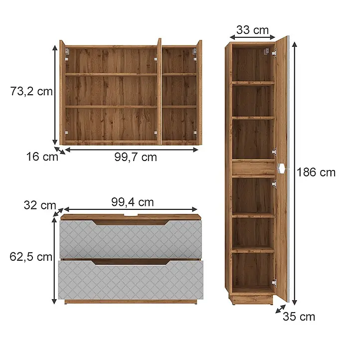 Vicco Badmöbel-Set Lotta Grau 3 Teile - Grau, Matt - Set aus drei Holzmöbelstücken: Wandregal, Kommode mit zwei Schubladen und grauen Fronten, hoher Schrank.