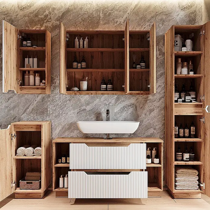 Vicco Badmöbel-Set Lotta Weiß 3 Teile - Weiß, Matt - Badezimmermöbel-Set aus hellem Holz mit weißem Waschbecken, gerippten Schubladen und Schränken, vor grauer Marmorwand.