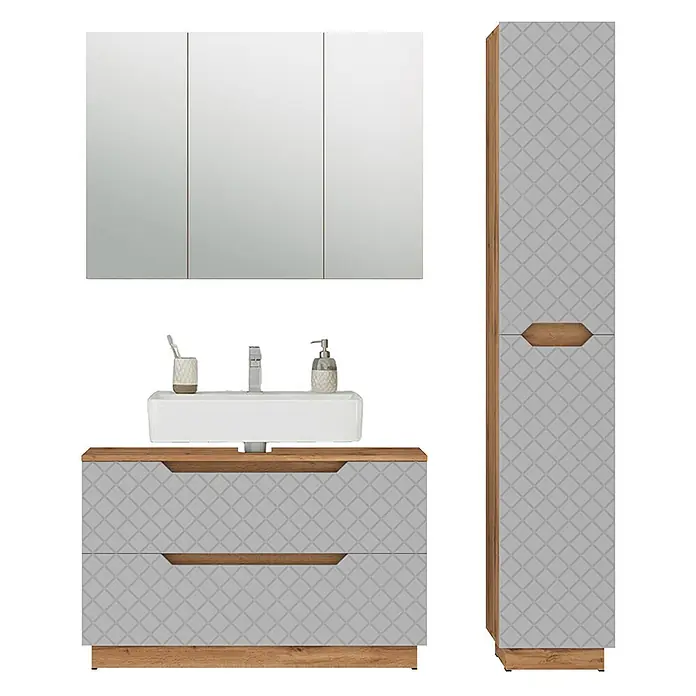 Vicco Badmöbel-Set Lotta Grau 3 Teile - Grau, Matt - Badezimmermöbel-Set: hellgrau gemusterter Waschtischunterschrank mit Holzoptik-Platte, Hochschrank und dreifacher Spiegelschrank.