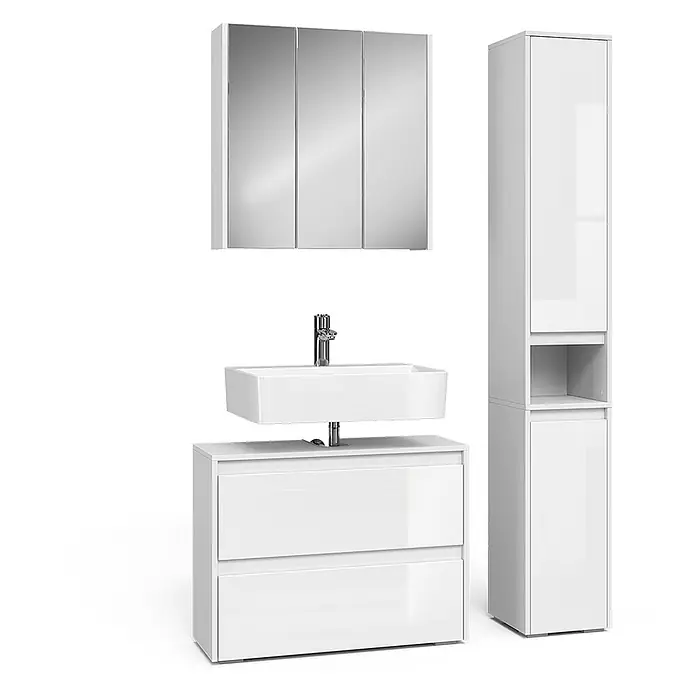 Vicco Badmöbel-Set Majest Weiß Hochglanz 3 Teile - Weiß Hochglanz, Matt - Weißes hochglänzendes modernes Badmöbelset mit Waschtisch, Waschbecken, Armatur, Hochschrank und Spiegelschrank.