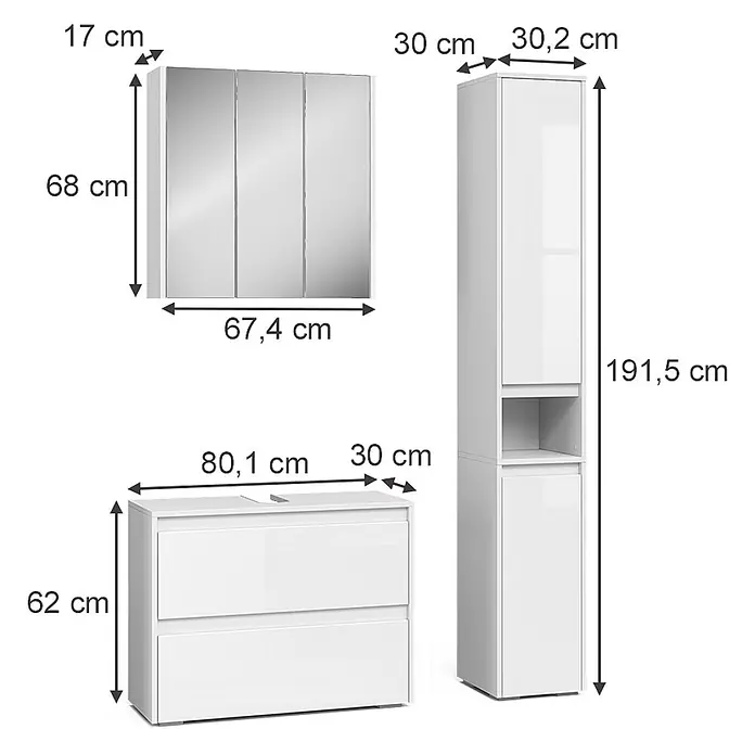 Vicco Badmöbel-Set Majest Weiß Hochglanz 3 Teile - Weiß Hochglanz, Matt - Weißes Badmöbelset: Spiegelschrank, Waschtischunterschrank mit Schubladen und hoher Hochschrank.