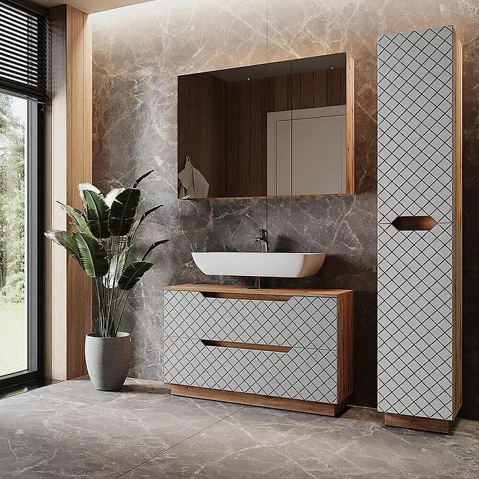 Vicco Badmöbel-Set Lotta Grau 3 Teile - Grau, Matt - Moderner Badunterschrank mit weißem Waschbecken und passendem Hochschrank. Beide haben weiße Fronten mit grauem Rautenmuster und Holzrahmen.
