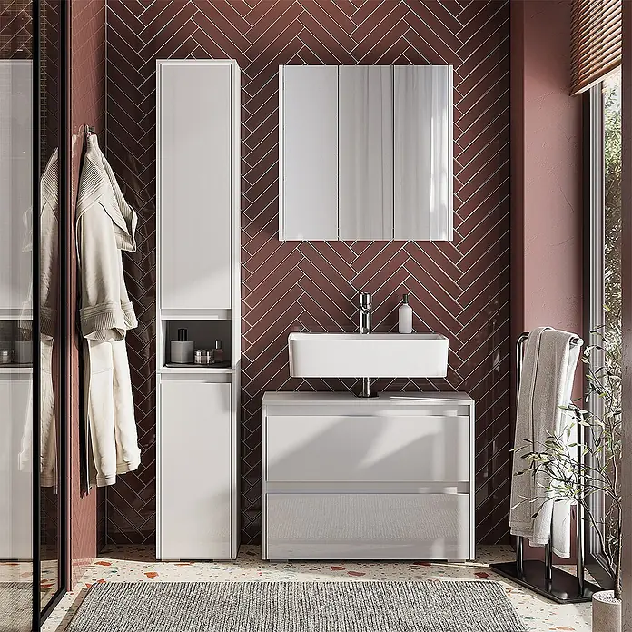 Vicco Badmöbel-Set Majest Weiß Hochglanz 3 Teile - Weiß Hochglanz, Matt - Weiße, glänzende Badmöbel-Kombination mit Waschbecken, Unterschrank, Hochschrank und Spiegelschrank.