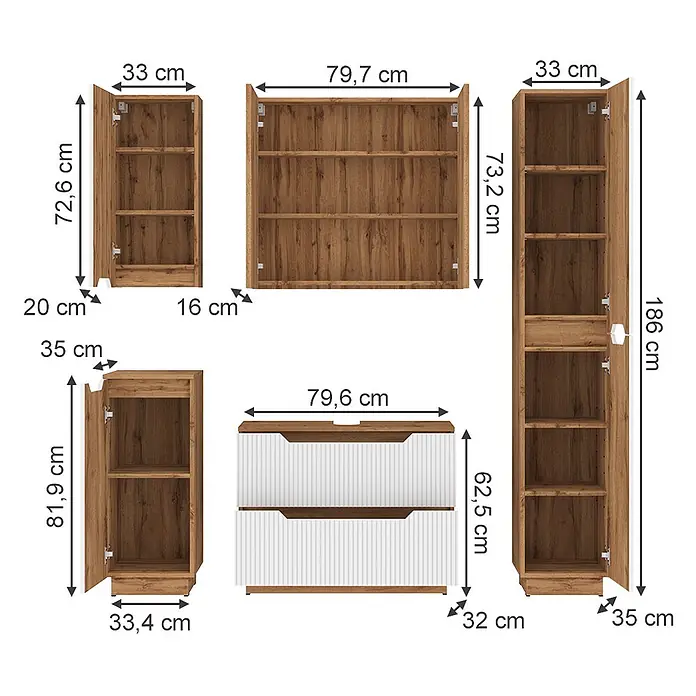 Vicco Badmöbel-Set Lotta Weiß 5 Teile - Weiß, Matt - Modulares Holz-Lagerregal-Set mit Schränken, Regaleinheiten und einer Kommode mit weißen Fronten.