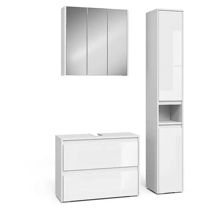 Vicco Badmöbel-Set Majest Weiß Hochglanz 3 Teile - Weiß Hochglanz, Matt - Weißes Hochglanz Badmöbel-Set: Spiegelschrank, Waschtischunterschrank mit 2 Schubladen und Hochschrank.