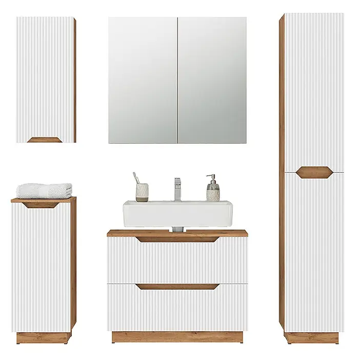 Vicco Badmöbel-Set Lotta Weiß 5 Teile - Weiß, Matt - Weißes geriffeltes Badmöbel-Set mit Holzdetails, bestehend aus Waschtisch, Spiegelschrank und Aufbewahrungsschränken.