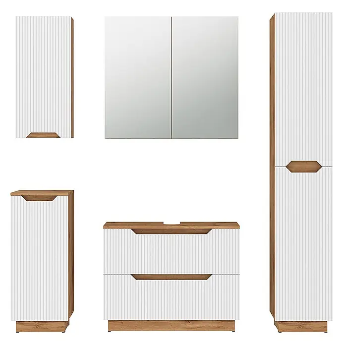 Vicco Badmöbel-Set Lotta Weiß 5 Teile - Weiß, Matt - Weißes geriffeltes Badmöbel-Set mit hellen Holzakzenten, bestehend aus Wandschränken, Waschtisch und Stauraummöbeln.