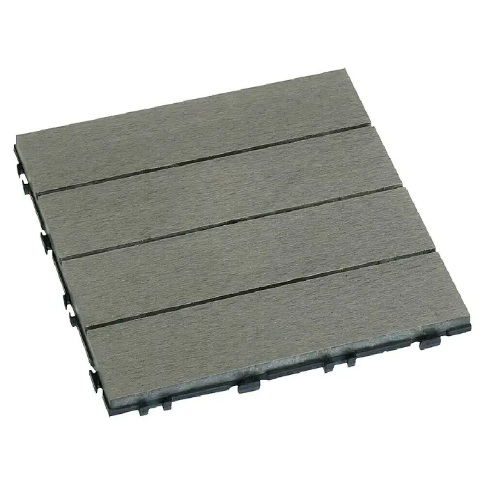 Klickfliese - WPC, 30 x 30 x 2,5 cm, 10 Stk., Grau - Nahaufnahme einer einzelnen quadratischen Terrassendiele aus Verbundholz mit vier Latten und einem Kunststofffuß für einfache Installation.