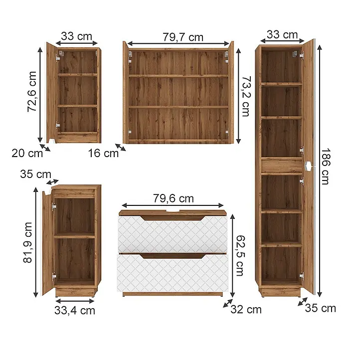Vicco Badmöbel-Set Lotta Weiß 5 Teile - Weiß, Matt - Modulares Aufbewahrungsmöbel-Set aus Holz in Eichenoptik mit weiß gemusterten Schubladen, zeigt Schränke und Kommode mit Maßen.