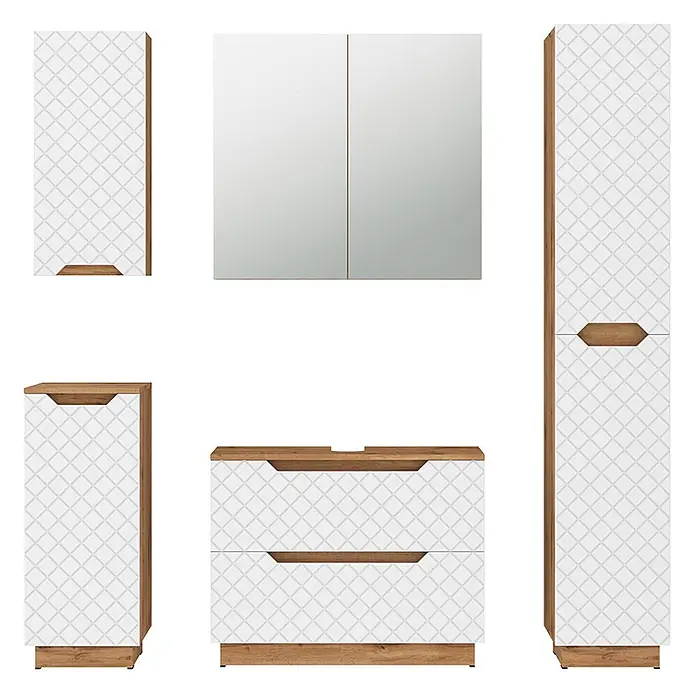 Vicco Badmöbel-Set Lotta Weiß 5 Teile - Weiß, Matt - Weißes Badezimmermöbel-Set mit geometrischem Muster und Holzapplikationen, inkl. Waschtisch, Spiegelschrank und Stauraumschränken.