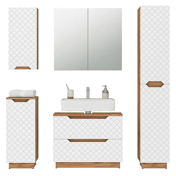 Vicco Badmöbel-Set Lotta Weiß 5 Teile - Weiß, Matt - Badezimmermöbel-Set mit weiß gemusterten Fronten, Holz-Akzenten, Waschtisch, Spiegelschrank und Hochschrank.