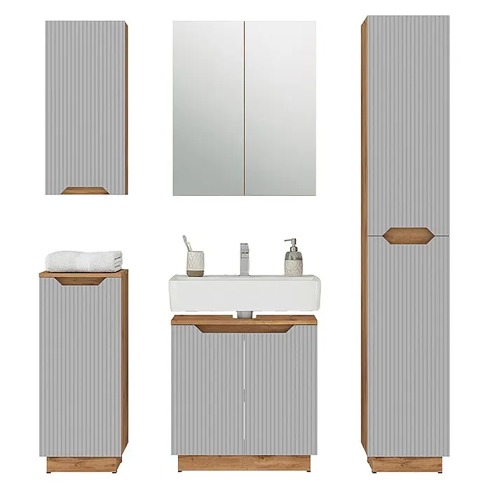 Vicco Badmöbel-Set Lotta Grau 5 Teile - Grau, Matt - Helles graues geriffeltes Badmöbel-Set mit Holzdetails, Spiegelschrank, Waschtischunterschrank und weiteren Schränken.