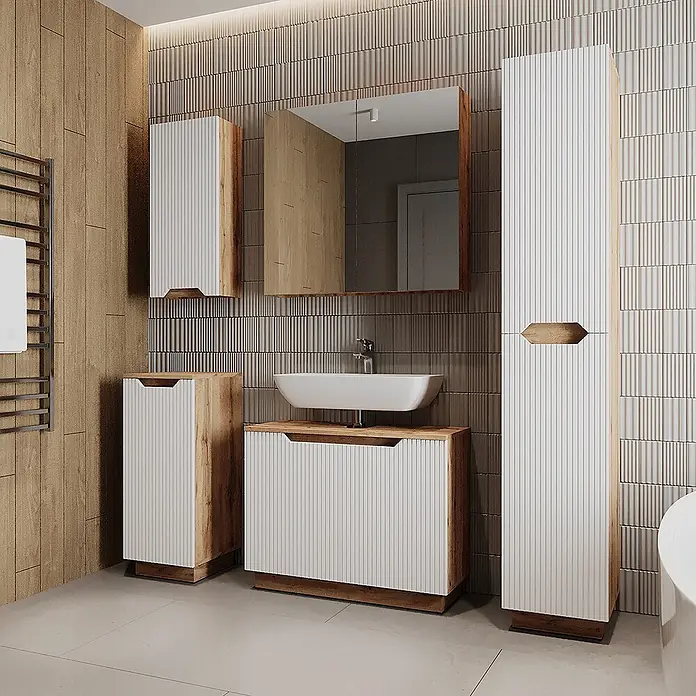 Vicco Badmöbel-Set Lotta Weiß 5 Teile - Weiß, Matt - Modernes Badmöbel-Set mit weißen geriffelten Fronten und Akzenten aus Naturholz, bestehend aus Waschbeckenunterschrank, Spiegelschrank und Hochschränken.