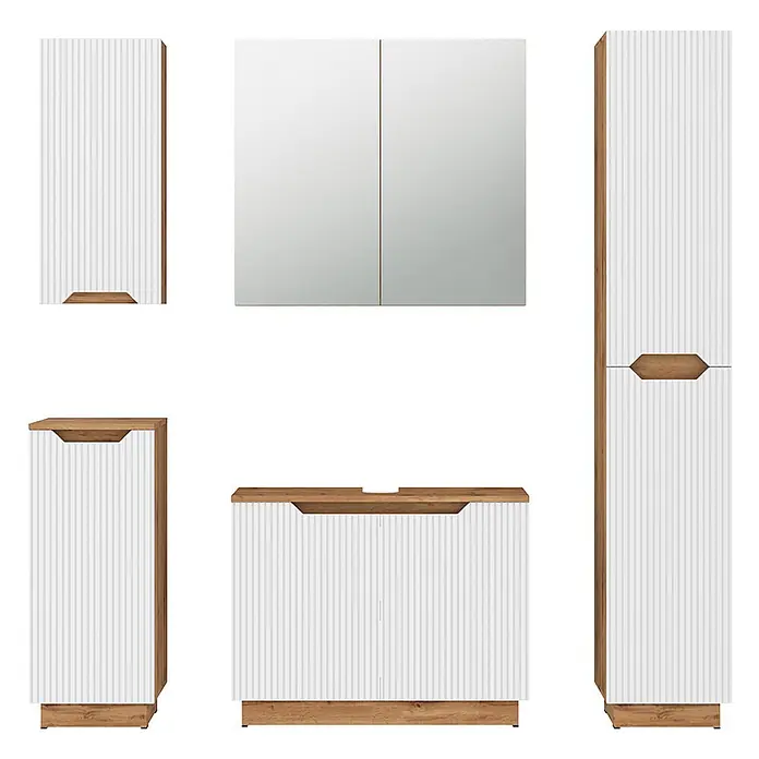 Vicco Badmöbel-Set Lotta Weiß 5 Teile - Weiß, Matt - Badezimmermöbel-Set aus weißem Riffelholz und hellem Holz, bestehend aus Schränken und einem Spiegelschrank.