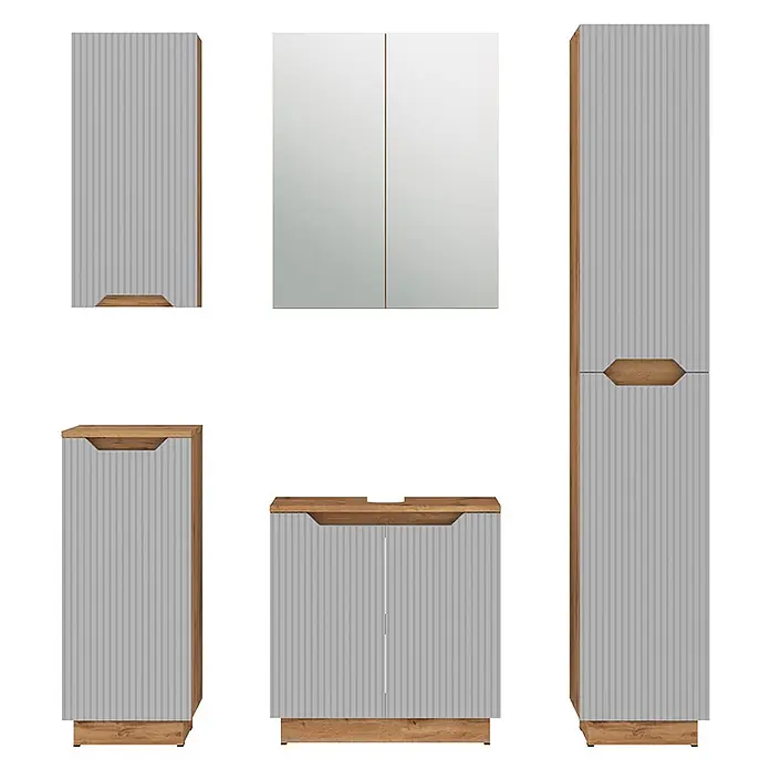 Vicco Badmöbel-Set Lotta Grau 5 Teile - Grau, Matt - Hellgraue geriffelte Badmöbel mit Holzdetails: Spiegel, Wand-, Boden- und Waschbeckenschränke.