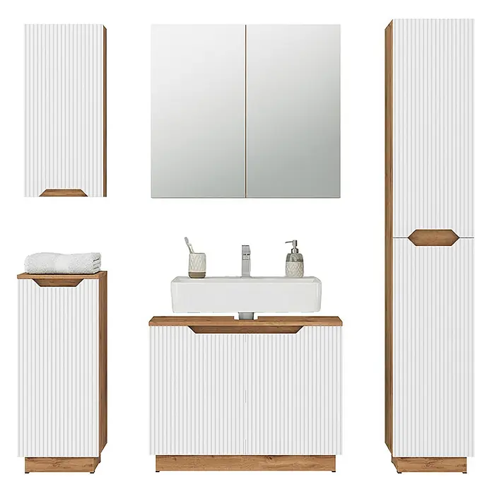 Vicco Badmöbel-Set Lotta Weiß 5 Teile - Weiß, Matt - Modernes Badezimmer-Set: weiß gerippter Waschtisch mit Waschbecken, Spiegelschrank und Holz-Akzent-Stauschränken.