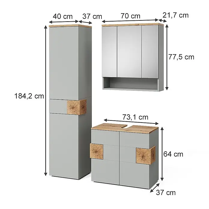 Vicco Badmöbel-Set Eden Grau 3 Teile - Gesamtbreite Badmöbel: 113,1 cm, Grau, Matt - Graues Badezimmermöbelset mit hellen Holzdetails, bestehend aus Hochschrank, Spiegelschrank und Waschtischunterschrank.