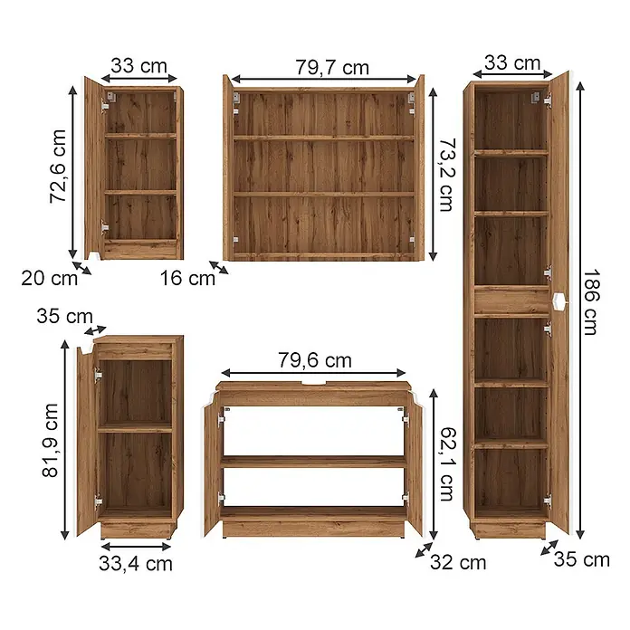Vicco Badmöbel-Set Lotta Weiß 5 Teile - Weiß, Matt - Modulare hellbraune Holzschränke mit verschiedenen Abmessungen.