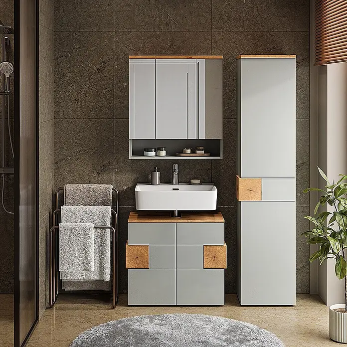 Vicco Badmöbel-Set Eden Grau 3 Teile - Gesamtbreite Badmöbel: 113,1 cm, Grau, Matt - Modernes Badmöbel-Set mit hellgrauen Schränken und Holz-Akzenten, bestehend aus Waschtischunterschrank, Hochschrank und Spiegelschrank.