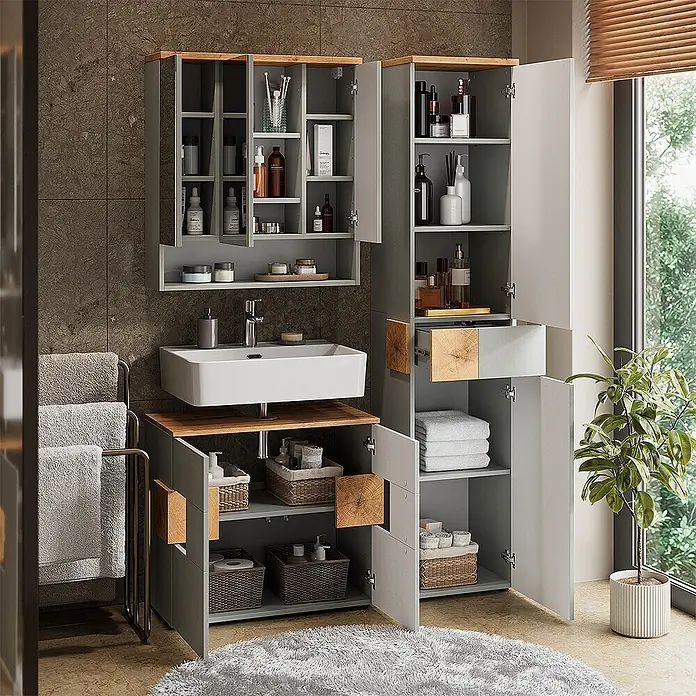 Vicco Badmöbel-Set Eden Grau 3 Teile - Gesamtbreite Badmöbel: 113,1 cm, Grau, Matt - Graues modulares Badezimmer-Set mit Waschtisch und hohem Schrank, Holzakzenten, Waschbecken und Stauraum für Badartikel und Handtücher.