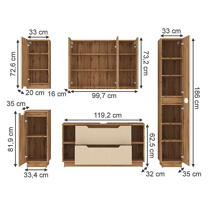 Vicco Badmöbel-Set Lotta Cashmere 5 Teile - Cashmere, Matt - Modulare Holzmöbel zur Aufbewahrung, bestehend aus Schränken und einer Kommode mit beigen Schubladen, mit Maßen.