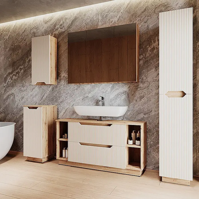 Vicco Badmöbel-Set Lotta Cashmere 5 Teile - Cashmere, Matt - Modernes Badmöbelset aus hellem Holz mit beigen Lamellenpaneelen: Waschbecken-, Hoch- und Wandschrank.