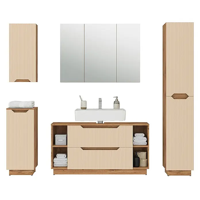 Vicco Badmöbel-Set Lotta Cashmere 5 Teile - Cashmere, Matt - Komplettes Badezimmermöbel-Set in heller Holzoptik mit gerippten beigen Paneelen, inklusive Waschtisch, Spiegelschrank und Stauraumschränken.