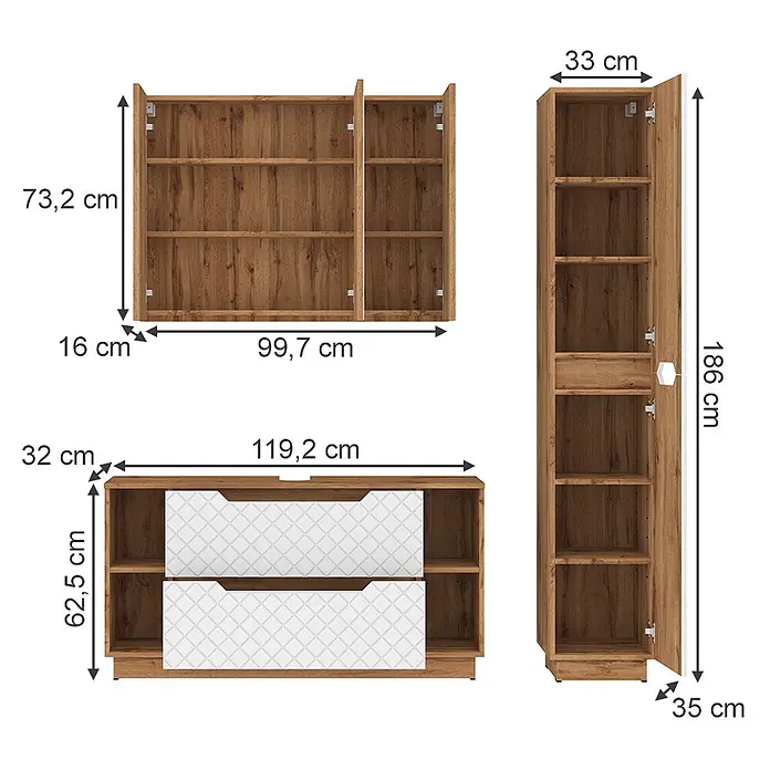 Vicco Badmöbel-Set Lotta Weiß 3 Teile - Weiß, Matt - Modulares Wohnzimmer-Set: Wandregal aus hellem Holzdekor, TV-Möbel mit weißen gemusterten Schubladen und Hochschrank, mit Maßen dargestellt.