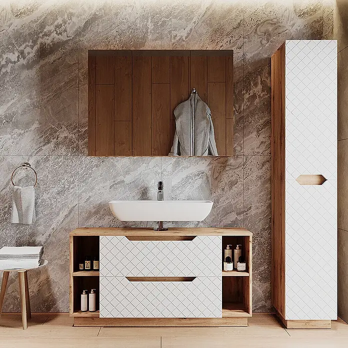 Vicco Badmöbel-Set Lotta Weiß 3 Teile - Weiß, Matt - Ein modernes Badezimmer mit hellem Holzwaschtisch, weißen gemusterten Schubladen und Waschbecken, passendem Hochschrank und Einbauspiegelschrank.