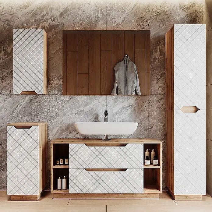 Vicco Badmöbel-Set Lotta Weiß 3 Teile - Weiß, Matt - Modernes Badmöbel-Set mit Waschbecken, hellem Holzrahmen und weißen, rautenförmig gemusterten Schubladen und Schränken.
