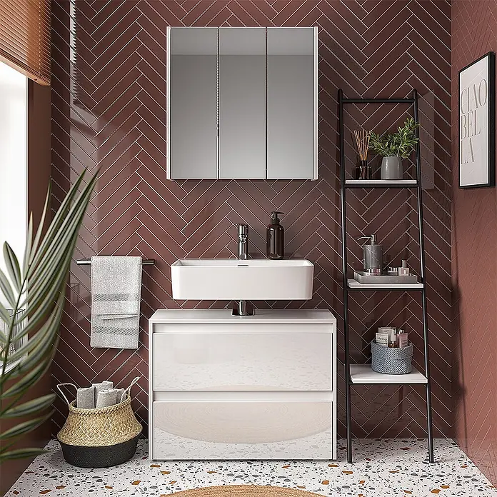 Vicco Badmöbel-Set Majest Weiß Hochglanz 2 Teile - Weiß Hochglanz, Matt - Weißer Badezimmerschrank mit rechteckigem Waschbecken und Spiegelschrank in einem modernen Bad.