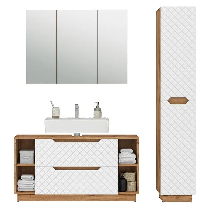 Vicco Badmöbel-Set Lotta Weiß 3 Teile - Weiß, Matt - Modernes Badmöbelset mit Holzoptik, weißen gemusterten Fronten, Waschbecken, Spiegelschrank und hohem Stauraumschrank.