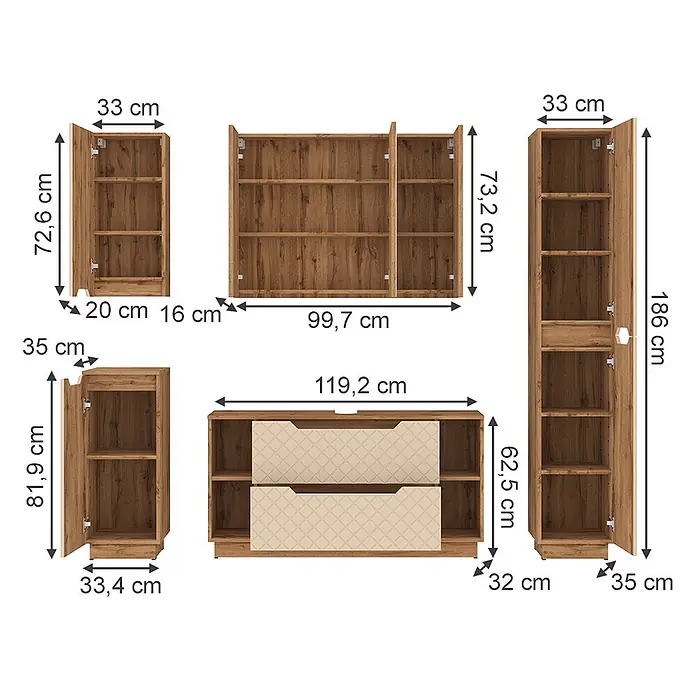 Vicco Badmöbel-Set Lotta Cashmere 5 Teile - Cashmere, Matt - Modulare Holzaufbewahrungsmöbel in Eichenoptik mit beigen Schubladen, Maße angezeigt.
