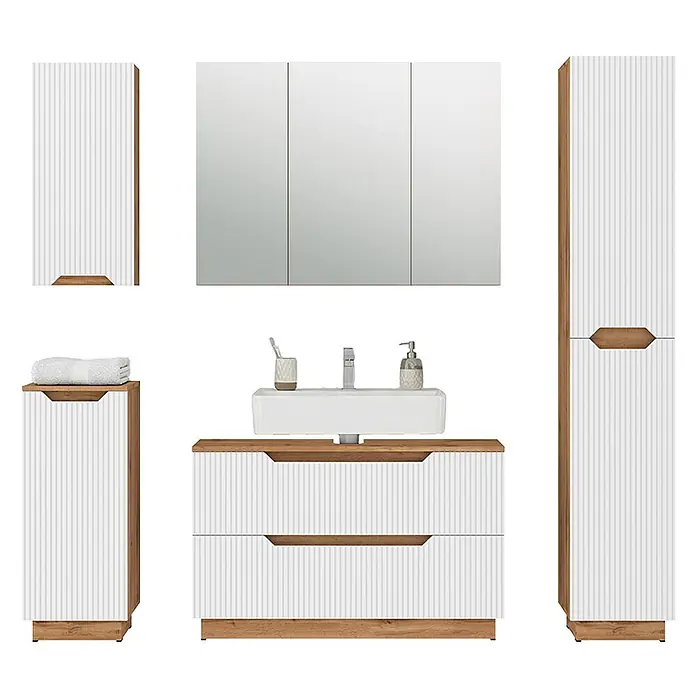 Vicco Badmöbel-Set Lotta Weiß 5 Teile - Weiß, Matt - Weiß geripptes Badmöbelset mit Holzdetails, bestehend aus Waschtisch, Spiegelschrank und Stauraummöbeln.