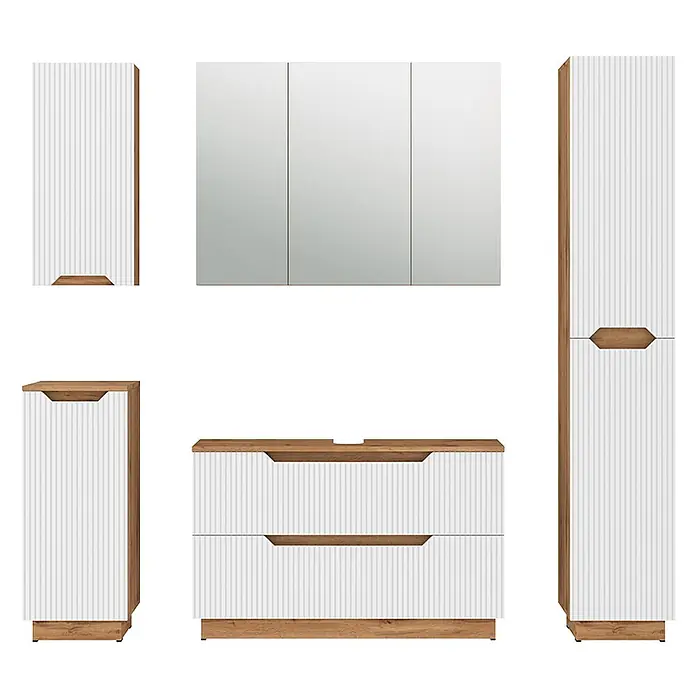 Vicco Badmöbel-Set Lotta Weiß 5 Teile - Weiß, Matt - Modernes Badmöbel-Set mit weißen Rillenfronten und Holzoptik-Details: Hochschrank, Waschtischunterschrank, Spiegelschrank.
