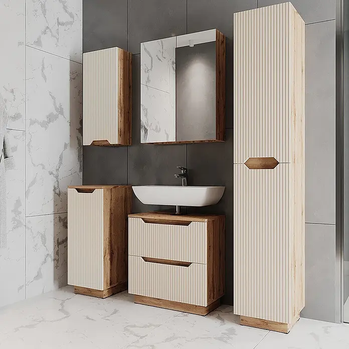 Vicco Badmöbel-Set Lotta Cashmere 5 Teile - Cashmere, Matt - Modernes Badezimmermöbelset aus hellem Holzdekor und geriffelten cremefarbenen Paneelen mit Waschtisch, Waschbecken, Wand- und Hochschrank.