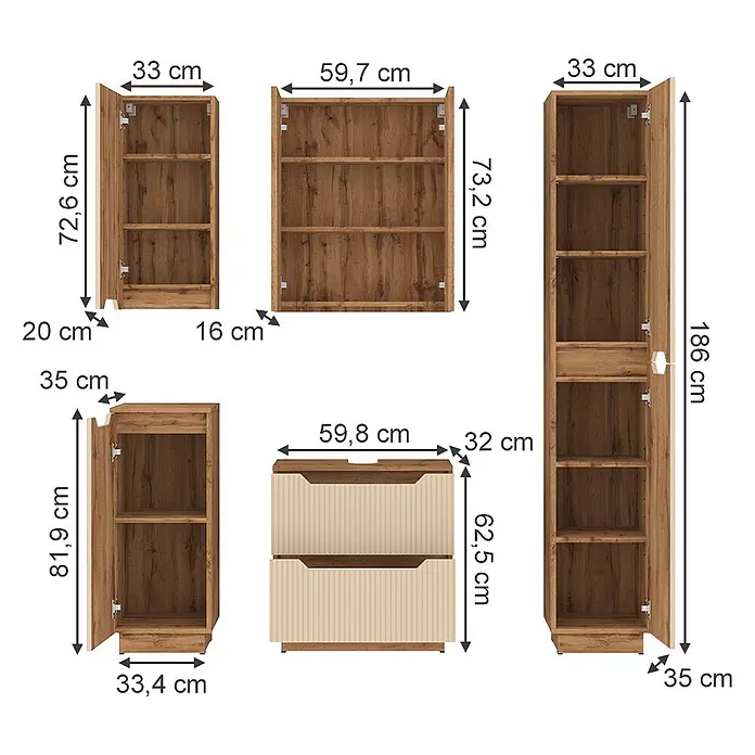 Vicco Badmöbel-Set Lotta Cashmere 5 Teile - Cashmere, Matt - Fünf modulare Schränke in Holzoptik und eine Kommode, teilweise mit hellbeigen geriffelten Akzenten, mit Maßen dargestellt.