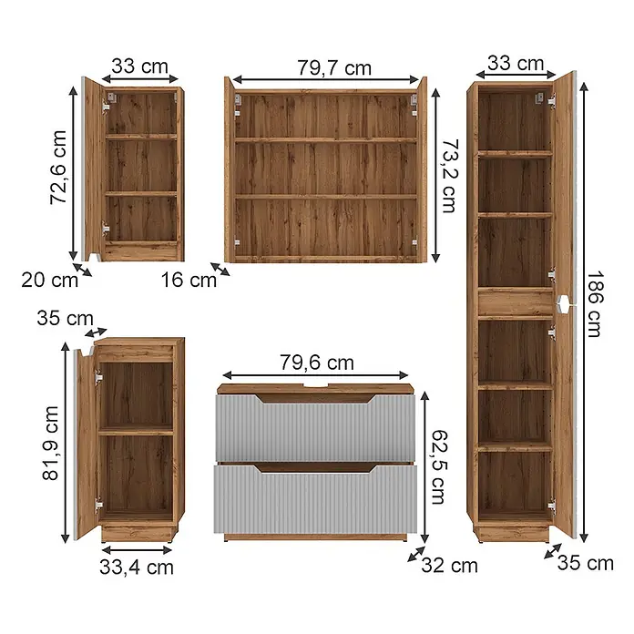 Vicco Badmöbel-Set Lotta Grau 5 Teile - Grau, Matt - Verschiedene braune Holzmöbel mit weißen Akzenten, darunter Schränke, Regale und eine Kommode, mit detaillierten Maßen.