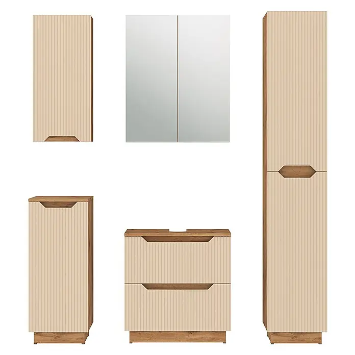 Vicco Badmöbel-Set Lotta Cashmere 5 Teile - Cashmere, Matt - Badezimmermöbel-Set: Beige geriffelte Fronten, Holz-Akzente, Spiegelschrank, Waschtisch und Stauraumschränke.