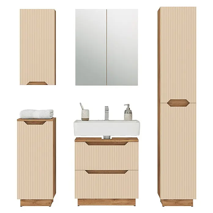 Vicco Badmöbel-Set Lotta Cashmere 5 Teile - Cashmere, Matt - Badezimmermöbel-Set mit hellbeigen gerippten Schränken, Holzdetails, Waschtisch und Spiegelschrank.